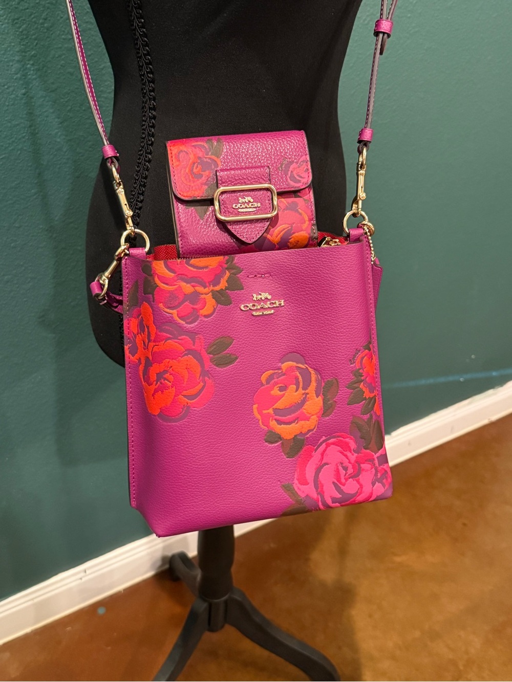 Coach Pink Floral Crossbody Bag with Gold-Tone Hardware